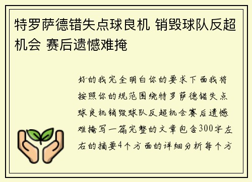 特罗萨德错失点球良机 销毁球队反超机会 赛后遗憾难掩